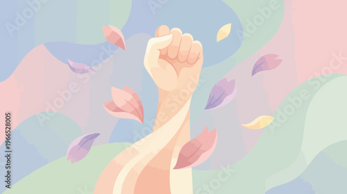 Uplifting illustration of a stylized raised fist, conveying concepts of strength, unity, and resilience, complemented by flowing floral petals on a serene, abstract backdrop