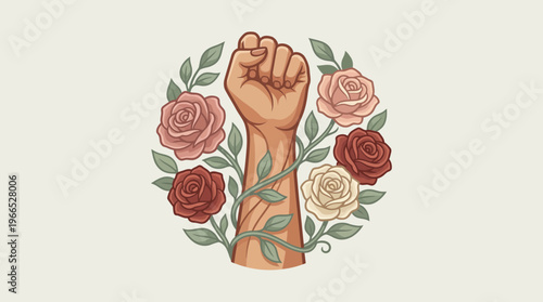 Feminist Power Fist Surrounded by Roses Symbolizing Strength, Growth, and Resilience