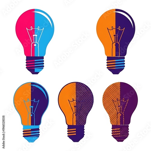 Colorful Halftone Lightbulb Vector Icons Set