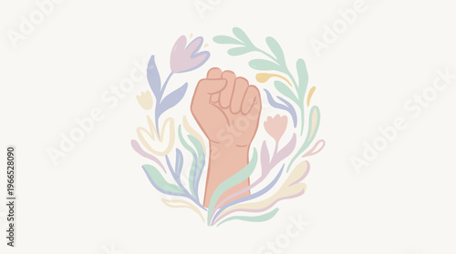 Empowerment and Solidarity Flourish A Powerful Raised Fist Intertwined with Blooming Pastel Botanicals, Symbolizing Growth, Unity, and Collective Strength in a Gentle Design