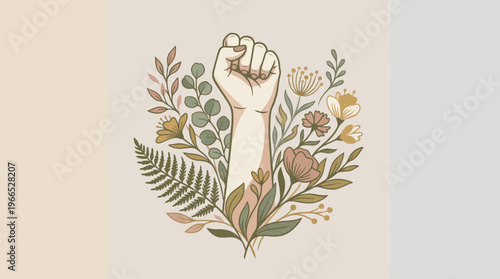 Empowerment and Unity in Nature's Embrace A Symbol of Strength, Growth, and Resilience with a Raised Fist Amidst Flourishing Botanicals