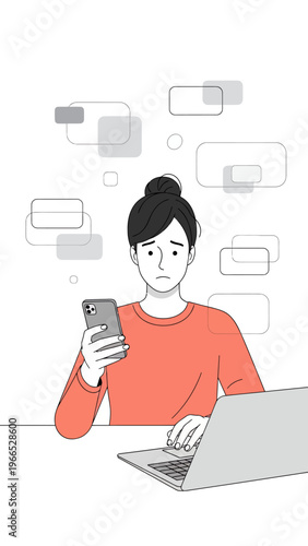 A worried woman multitasking with a smartphone and laptop, surrounded by digital communication.