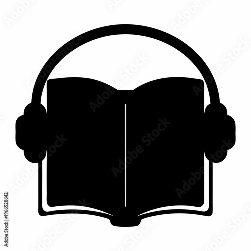 Silhouette image depicting an open book with headphones on for audio learning