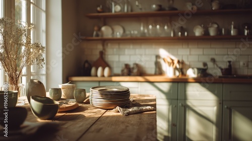 Cozy Rustic Kitchen Interior with Sunlit Table and Ceramic Plates