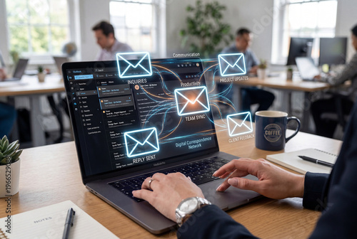 A person uses a silver laptop with a glowing blue digital email interface overlay while sitting at a wooden desk in a bright shared office space.