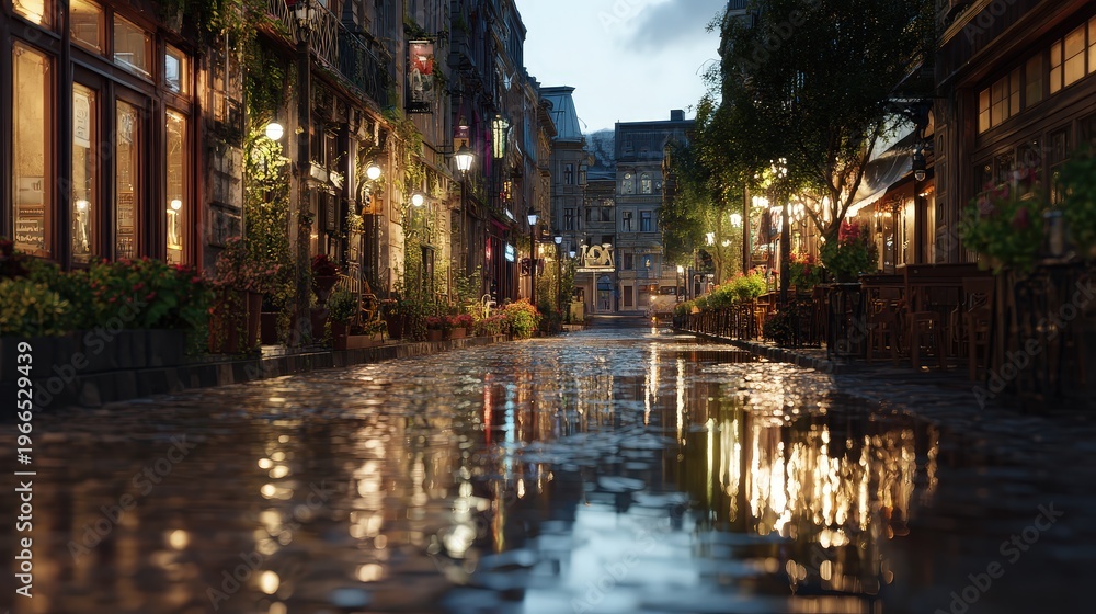 Fototapeta premium Night Reflections on a Wet Cobblestone European Street with Cafes