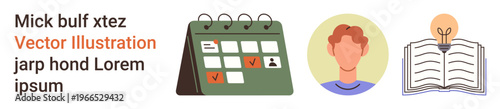 Time planning, personal identity, education, creativity, scheduling, idea generation. Calendar with checkmarks, male avatar open book with a lightbulb. Time planning and creativity theme