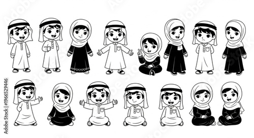 Cartoon illustrations of Arab children in traditional attire, diverse poses.