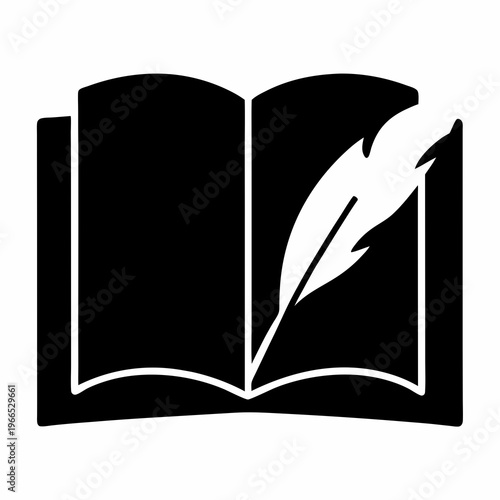 A black silhouette depiction of an open book with a quill pen