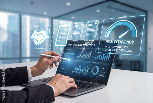 A professional in a dark suit uses a silver stylus on a laptop screen displaying procurement analytics and high efficiency data in a bright office.