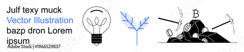 Innovation, green energy, cryptocurrency, finance, sustainability, technology. Lightbulb, leaf and cryptocurrency mining tools in black and blue. Innovation and green energy concepts