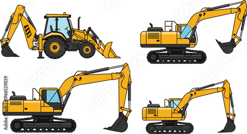 Set of yellow excavators and backhoe loader construction machines vector illustration isolated on white background for heavy equipment industry design