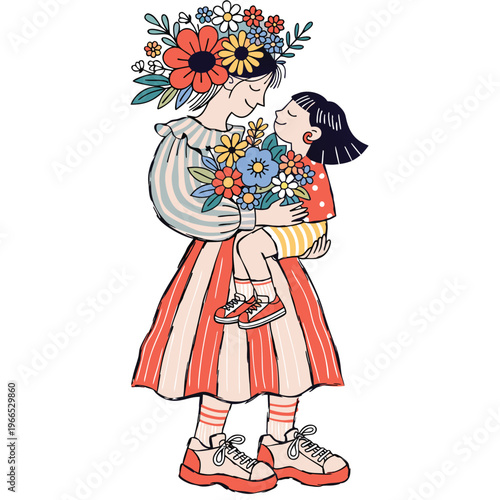 Hand drawn mother and daughter illustration, floral maternal love concept vector, woman holding child with spring flowers, family greeting card art