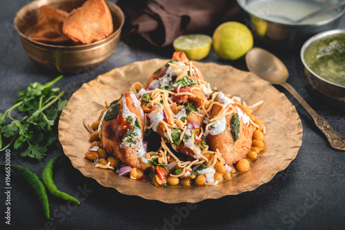 Foto Samosa chaat topped yogurt chutney sev chickpeas onion Indian street food spicy