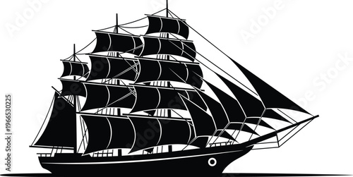 Detailed silhouette of multi-masted clipper tall ship with sails, rigging, porthole, historical maritime vessel black and white vector artwork