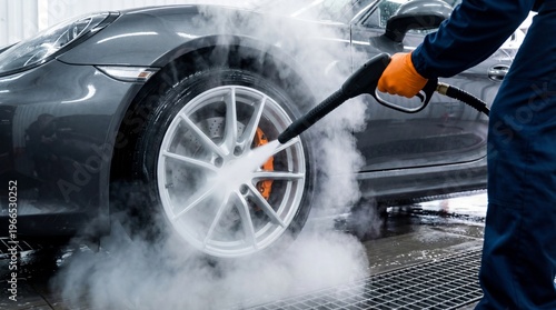 Car wash worker cleaning a vehicle tire with high pressure washer