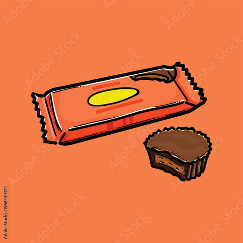 Peanut Butter Chocolate Candy Snack Illustration With Orange Wrapper And Peanut Butter Cup Treat