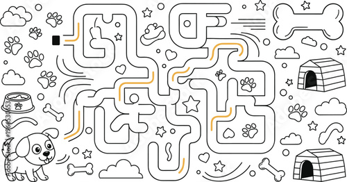 Dog Maze Puzzle Set with Playful Doodles of Bones, Paw Prints, and Doghouse for Kids' Activity and Educational Games