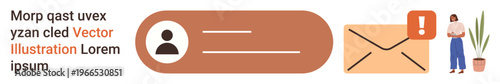 Communication, email alerts, correspondence, online notifications, message delivery, user profile. Includes user icon, envelope with alert and person near plant. Communication and email alerts
