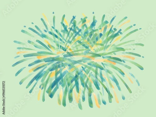 Watercolor painting of a firework burst with overlapping strokes in blue, green, and yellow hues. Lines radiate from the center, creating a vibrant explosion pattern. Background is a light green, enha
