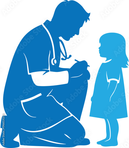 A blue silhouette illustration showing a friendly doctor kneeling down to examine a young child