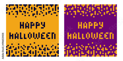 Variations Pixel Lettering Happy Halloween. Halloween Greetings Media Cover Minimalistic flat design. Vector illustration Halloween Greeting Thematic card or Media post template Banner, leaflet, label
