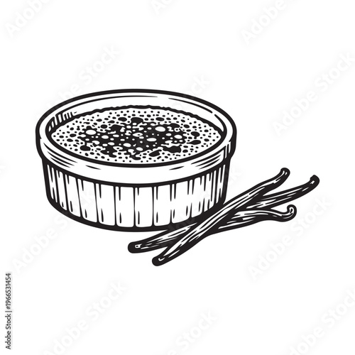 line art vector of creme brulee with two vanilla beans