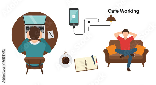 Illustration of two men working remotely with a laptop and smartphone in a cafe setting with coffee and notebook.