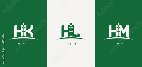 Set of initials letter HK, HL, and HM with grow plant logo design. HK leaf logotype. HL letter nature symbol. HM monogram agriculture logo