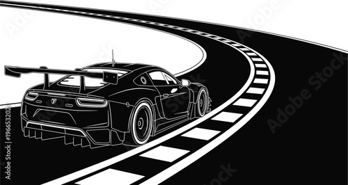 Stylized sports car silhouette driving on curved racetrack with rear wing, diffuser, wide tires, dynamic motion, high-performance automotive design