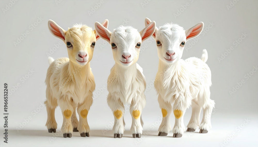 Fototapeta premium Three Cute Baby Goats Standing Together On White Background.