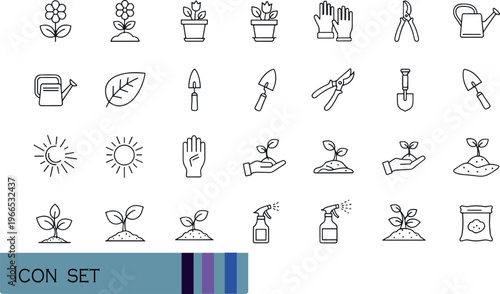 Print Gardening and Plant Care Tool Line Icon Set