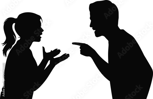 Black silhouette of a man and woman having a heated argument with expressive hand gestures isolated on white for conflict and communication concepts.