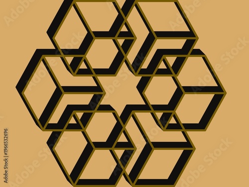 Fotografija Geometric pattern featuring interlocking, three-dimensional cubes outlined in black on a tan background