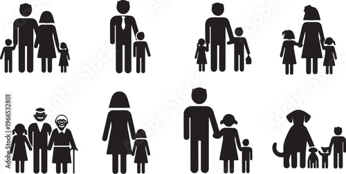 Diverse family silhouettes with children and pets