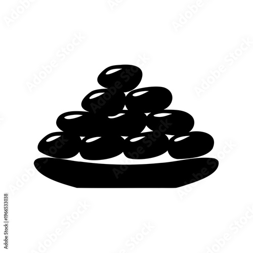 Stylized monochrome illustration of a pile of shiny olives in a dish