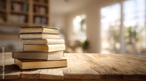 Stack of Vintage Books on Rustic Wooden Table in Sunlit Library