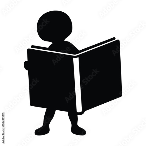 Silhouette of a person reading a large book, isolated on white background