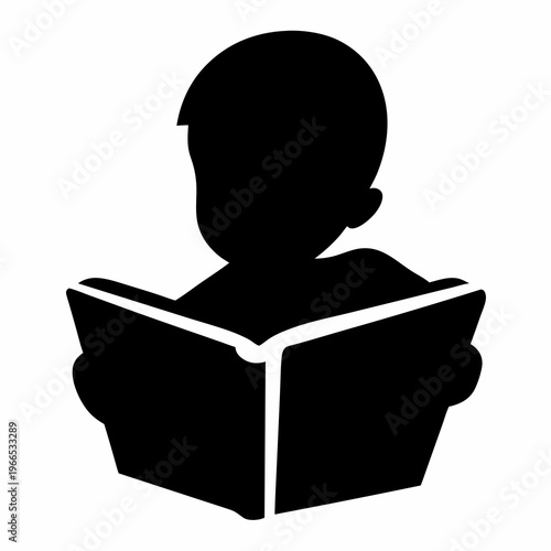 Silhouette of a child engrossed in reading a book, education concept