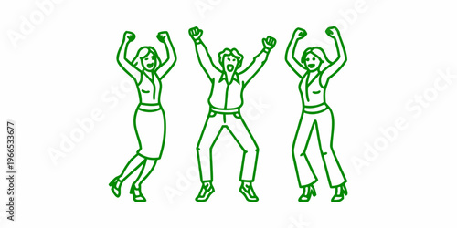 Three people celebrating with arms raised in a green line art style