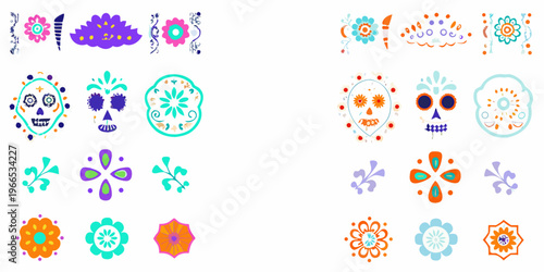 Colorful sugar skull and floral designs arranged on a white background