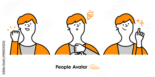 ポジティブなリアクションをする人物アバター3種セット（ひらめき・気づき・ガッツポーズ・オレンジヘア・線画）