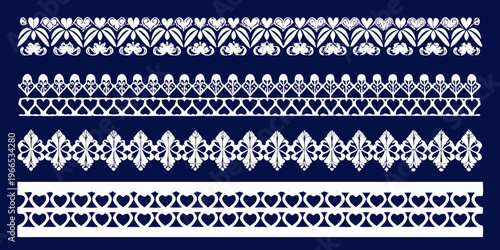 Intricate white lace patterns arranged in horizontal rows on a navy background