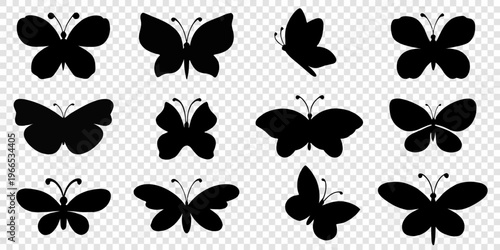 Collection of black silhouette butterflies arranged in a grid pattern