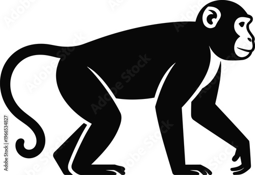 Monkey silhouette walking profile view, primate animal vector illustration, black and white wildlife clipart, jungle mammal design isolated on clean background for graphic use