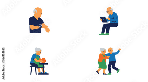 Seniors enjoying technology and hobbies vector