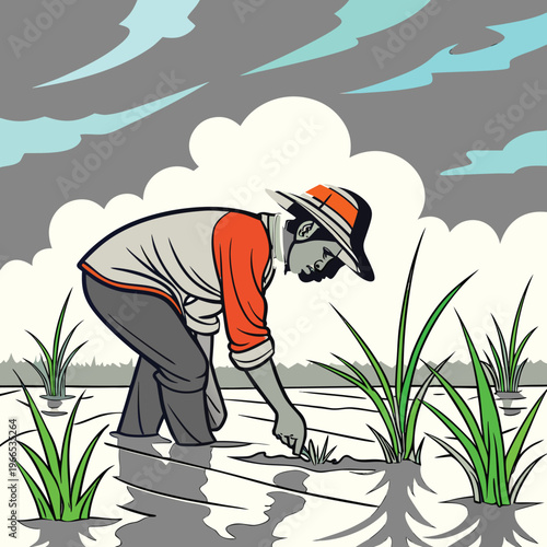 Rice farmer, paddy field worker, agricultural laborer, farming illustration