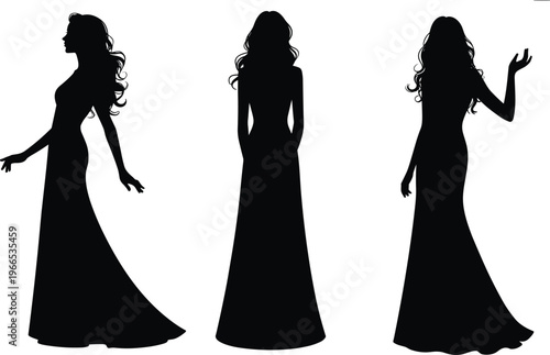 Elegant set of woman silhouettes wearing long evening gowns with flowing hair perfect for fashion design, formal event invitations, and luxury branding projects.