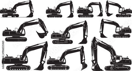 Excavator Silhouettes in Various Positions and Angles