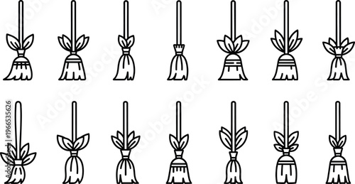 Collection of black line broom with leaf accents cleaning witch